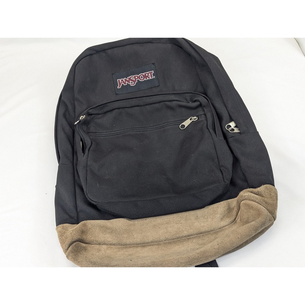 JanSport Backpack Black Nylon Suede Leather School Y2K Adjustable Collage - Picture 2 of 10